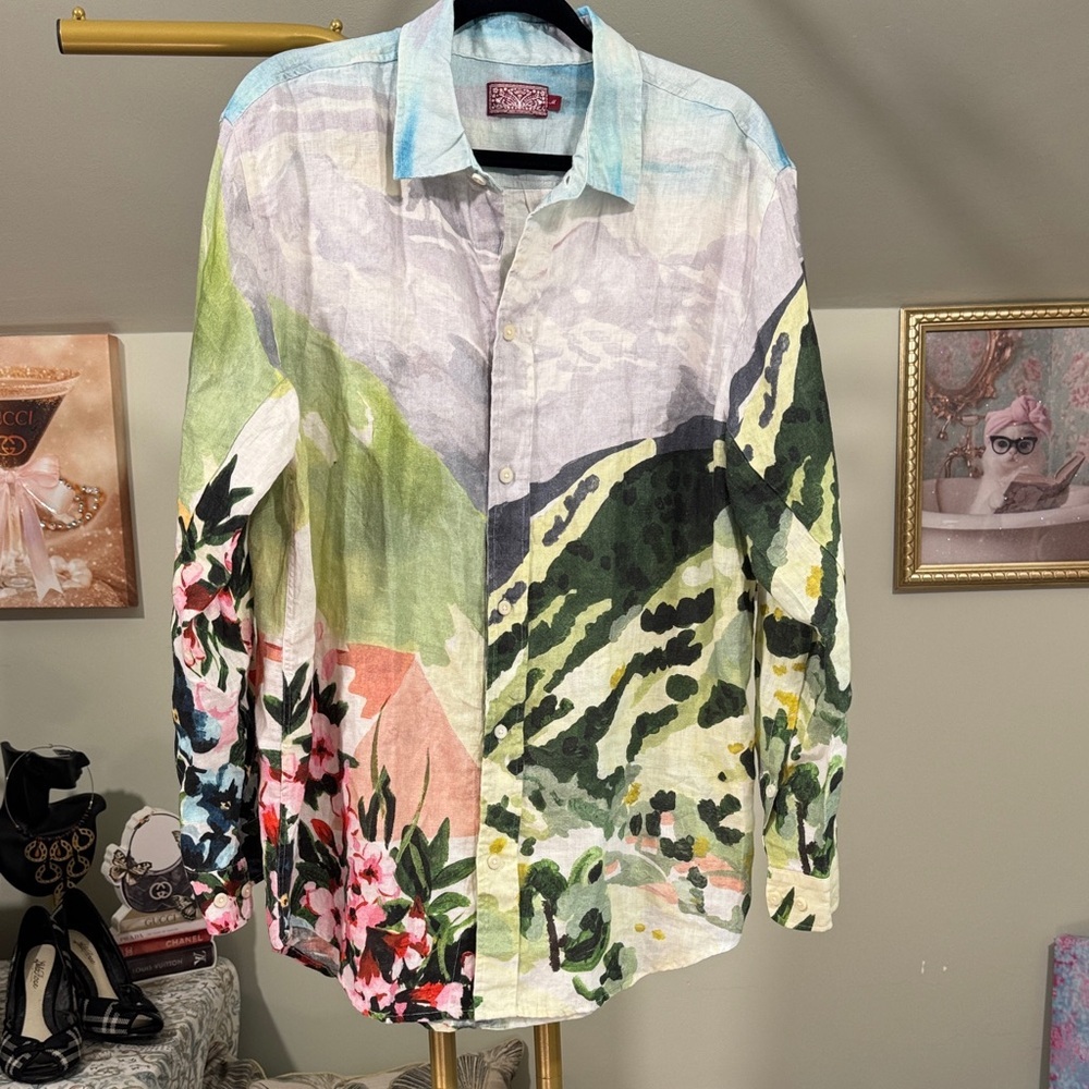 EUC Desmond & Dempsey Button-Down Landscape/Floral Print Oversized 100% Linen - Picture 2 of 9